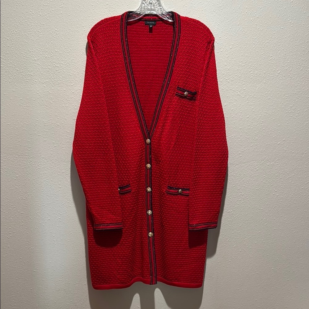 Talbots Red Button-Up Cardigan with Navy Trim